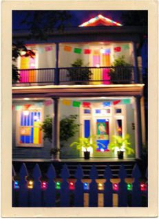 Colorful lights welcome visitors to the Fiesta Bed & Breakfast in San Antonio, Texas.