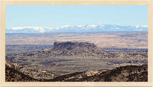 The beautiful Black Mesa, in Northern New Mexico, is located between the Pojoaque Pueblo and Los Alamos. It actually is a part of the San Ildefonso Pueblo.