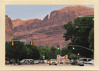 Moab, Utah, with its commanding red rock formations that lie just outside this popular Western town.