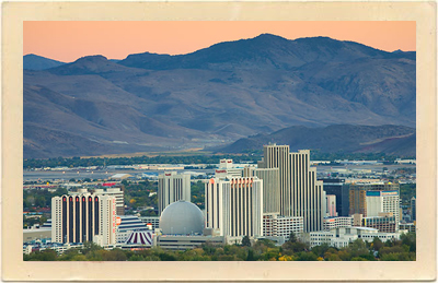 Today, the Reno cityscape looks strangely futuristic, laid out in front of Nevada’s majestic mountains.