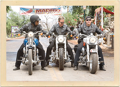 Three of the stars of Wild Hogs, on location in Madrid, New Mexico. Left to right: Martin Lawrence, Tim Allen and John Travolta.